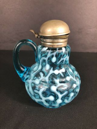 Antique Hobbs Brockunier Blue Opalescent Seaweed Syrup Pitcher Rare W/ Metal Lid