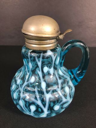 Antique Hobbs Brockunier Blue Opalescent Seaweed Syrup Pitcher Rare W/ Metal Lid 3