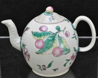 Antique Staffordshire Creamware Salt Glaze Cherries Globe Teapot 18th Century