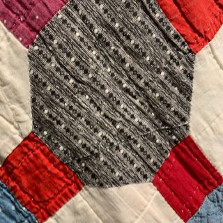 Antique Quilt 1880 - 1910 Octagon Shirting Prints Red Blue & White 70 x 74 