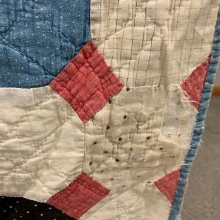 Antique Quilt 1880 - 1910 Octagon Shirting Prints Red Blue & White 70 x 74 