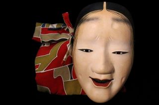 Msk69 Japanese Wooden Masukami (female) Noh Mask Kyogen Okame