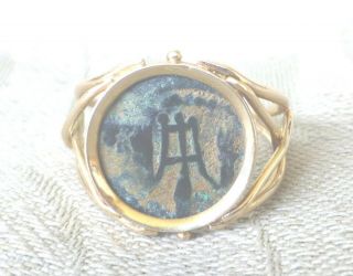 Ancient 15c Chinese Ming Dynasty 14k Yellow Gold Bronze Coin Ring Ring Size 8