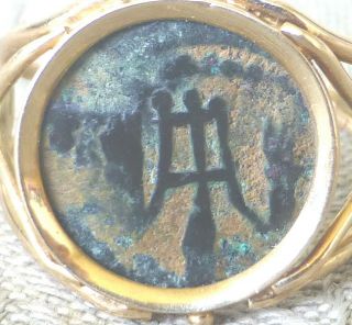 ANCIENT 15C CHINESE MING DYNASTY 14K YELLOW GOLD BRONZE COIN RING RING SIZE 8 9