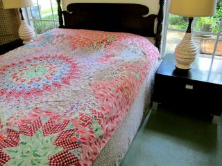 OUTSTANDING Vintage Hand Pieced Feed Sack Tied LONE STAR Quilt; 2