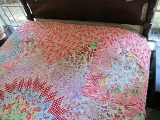 OUTSTANDING Vintage Hand Pieced Feed Sack Tied LONE STAR Quilt; 3
