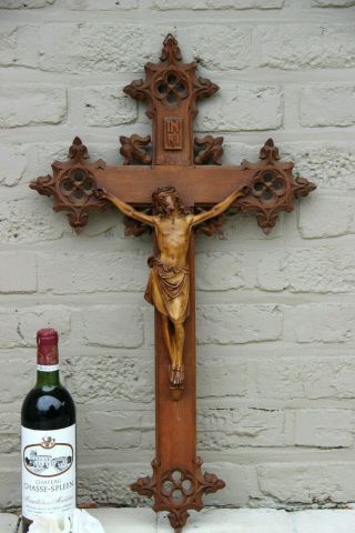 Xxl Antique French Neo Gothic Wood Carved Crucifix Church Religious Marked