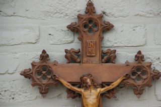 XXL Antique French neo gothic wood carved crucifix church religious marked 2