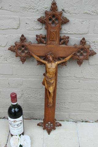 XXL Antique French neo gothic wood carved crucifix church religious marked 5