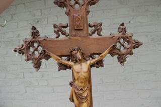 XXL Antique French neo gothic wood carved crucifix church religious marked 6