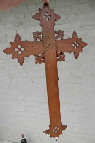 XXL Antique French neo gothic wood carved crucifix church religious marked 7