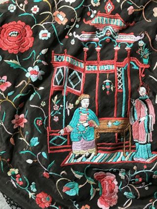 Antique Old Chinese Silk Double Side Hand - Embroidered Figure &Floral Piano Shawl 10