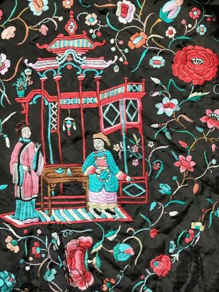 Antique Old Chinese Silk Double Side Hand - Embroidered Figure &Floral Piano Shawl 11