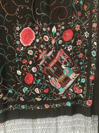 Antique Old Chinese Silk Double Side Hand - Embroidered Figure &Floral Piano Shawl 3