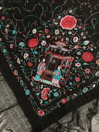 Antique Old Chinese Silk Double Side Hand - Embroidered Figure &Floral Piano Shawl 6