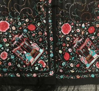 Antique Old Chinese Silk Double Side Hand - Embroidered Figure &Floral Piano Shawl 9