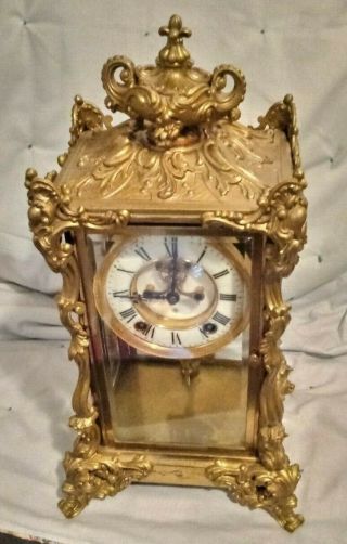 Antique Ansonia Ornate Gilded Bronzed Crystal Regulator Clock