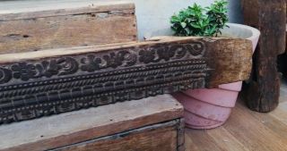 Ancient Rare Wood Fine Hand Carved Hindu Lords Ganesha Floral Figure Door Panel 11