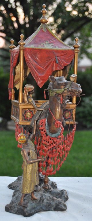Massive Carl Kauba Austrian Cold Painted Bronze Lamp of Arabian Caravan,  Camel 2