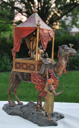 Massive Carl Kauba Austrian Cold Painted Bronze Lamp of Arabian Caravan,  Camel 3