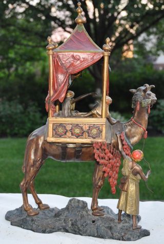 Massive Carl Kauba Austrian Cold Painted Bronze Lamp of Arabian Caravan,  Camel 4