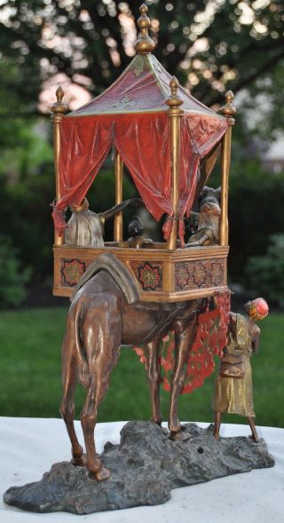 Massive Carl Kauba Austrian Cold Painted Bronze Lamp of Arabian Caravan,  Camel 5