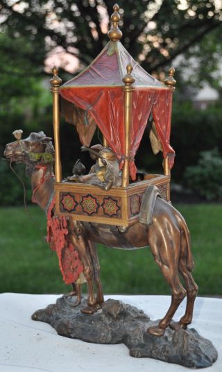 Massive Carl Kauba Austrian Cold Painted Bronze Lamp of Arabian Caravan,  Camel 6