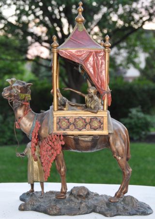Massive Carl Kauba Austrian Cold Painted Bronze Lamp of Arabian Caravan,  Camel 7