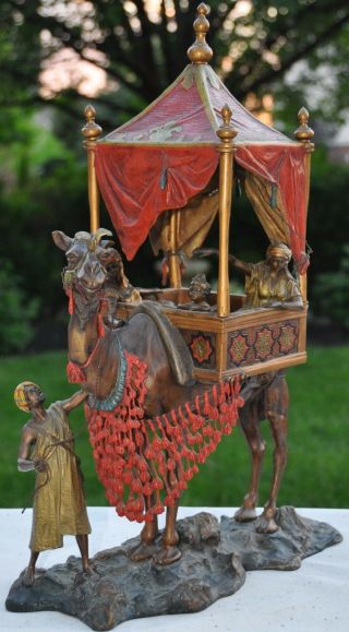 Massive Carl Kauba Austrian Cold Painted Bronze Lamp of Arabian Caravan,  Camel 8