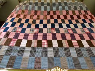 Vintage Antique Quilt Top Rectangle Strips Ca.  1900 Indigo Pink Brown Homespun