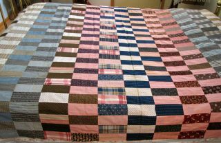 Vintage Antique Quilt Top Rectangle Strips ca.  1900 Indigo Pink Brown Homespun 2