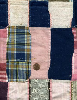 Vintage Antique Quilt Top Rectangle Strips ca.  1900 Indigo Pink Brown Homespun 3