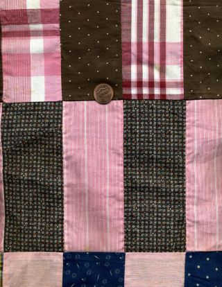 Vintage Antique Quilt Top Rectangle Strips ca.  1900 Indigo Pink Brown Homespun 5