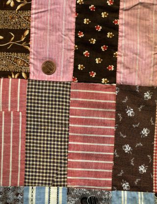 Vintage Antique Quilt Top Rectangle Strips ca.  1900 Indigo Pink Brown Homespun 6