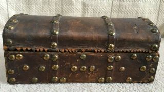 Primitive Wood Box Leather - Covered Brass Tacks Domed Lid Small Treasure Chest