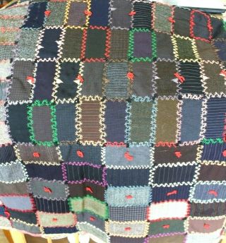 Vtg 1895 Victorian Antique Quilt made from Mens Wool Suits hand stitched 84x70 3