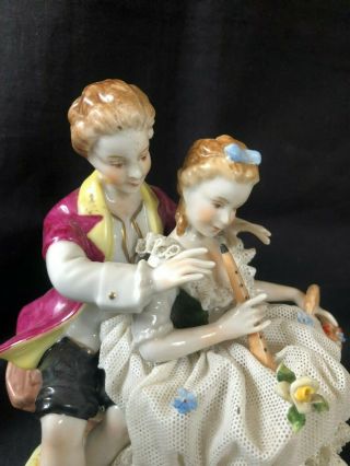 Antique german dresden lace porcelain figurine musicians.  Marked Bottom 2