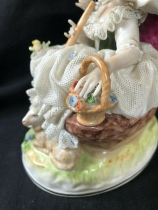 Antique german dresden lace porcelain figurine musicians.  Marked Bottom 5