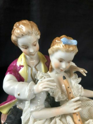 Antique german dresden lace porcelain figurine musicians.  Marked Bottom 6