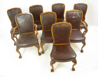 8 Antique Dining Chairs,  Walnut,  Leather Seats,  Scotland 1930,  Antiques,  B1348