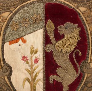 Lrg 19thC Antique English Embroidery Stumpwork Family Crest Coat of Arms 5