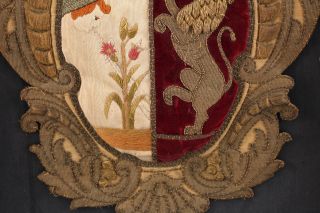 Lrg 19thC Antique English Embroidery Stumpwork Family Crest Coat of Arms 6