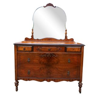 Antique Victorian Burl Walnut Carved Mirrored Dresser With Maple Accenting