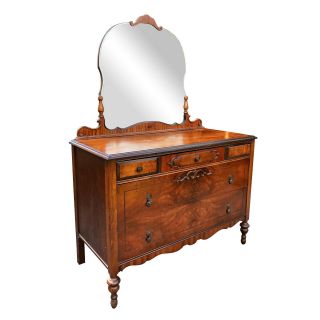 Antique Victorian Burl Walnut Carved Mirrored Dresser with Maple Accenting 2