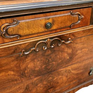 Antique Victorian Burl Walnut Carved Mirrored Dresser with Maple Accenting 6