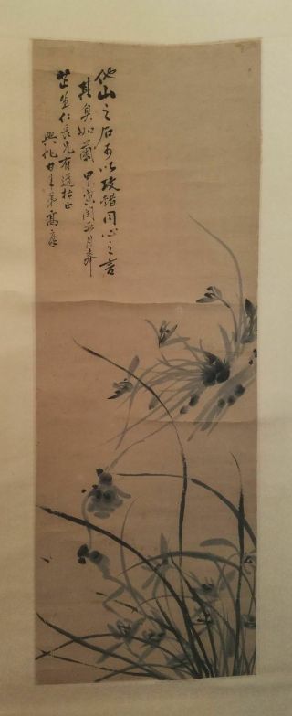 Antique Chinese Ink Scroll Painting Orchids Qing Dynasty