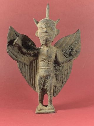 Ancient Luristan Bronze Winged Crowned Anthromorphic Statuette Circa 1000 - 800bce