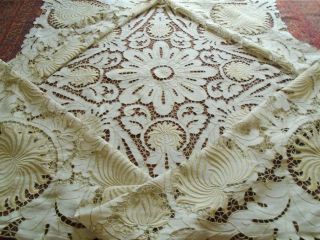 Exceptional Antique Hand Embroidered Tablecloth Elaborate Richelieu Embroidery
