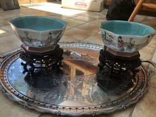 Antique Chinese Hexagonal Bowls With Wood Stands.  Aqua Blue Interior