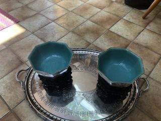ANTIQUE CHINESE Hexagonal Bowls With Wood Stands.  Aqua Blue Interior 2